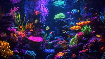 Obraz premium An enchanting deep-sea world where every coral, fish, and plant glows in neon colors, illuminating the dark ocean with magical light.