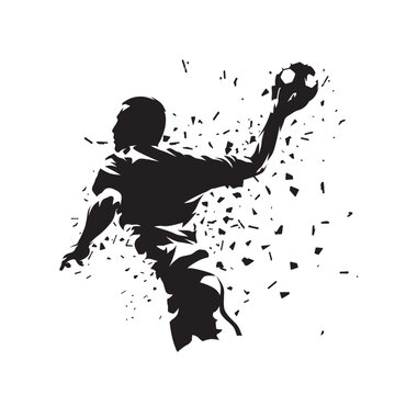 Handball player throwing ball, isolated vector silhouette with distortion effect. Handball logo