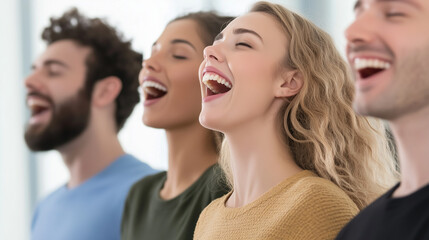 Obraz premium Unleashing Joy: A group of friends, bursting with unbridled joy, throws back their heads and lets out a full-bodied, contagious laughter. Capturing the pure essence of happiness and connection. 