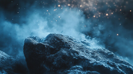 Dark rocky terrain illuminated by ethereal light and mist in a cosmic ambiance