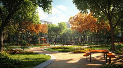 Serene Autumn Park: A picturesque autumnal park scene with vibrant foliage, winding paths, and inviting picnic tables.
