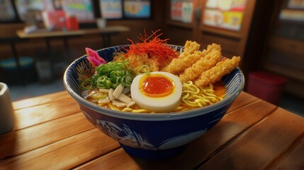 Delicious bowl of ramen with egg and tempura in cozy restaurant setting