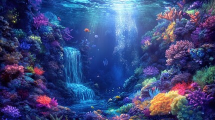 Fototapeta premium An incredible underwater canyon with glowing waterfalls, neon coral, and marine life shining in every color, lighting up the dark depths like a dream.