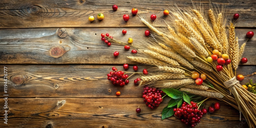Aufkleber rustic wooden table adorned with a bouquet of golden wheat stalks and a scattering of red and yellow