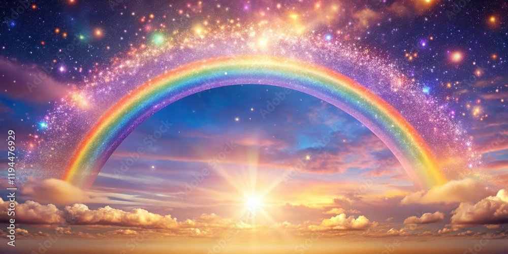 Poster a celestial rainbow arcing through a sky filled with twinkling stars, illuminating fluffy clouds ben