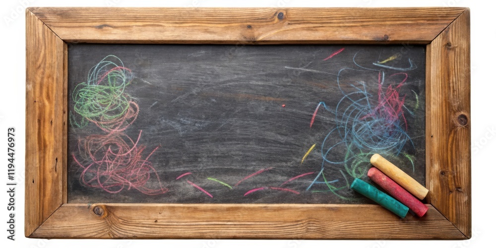 Aufkleber a blank blackboard with a wooden frame and colorful chalk lying on it, ready for new ideas and creat