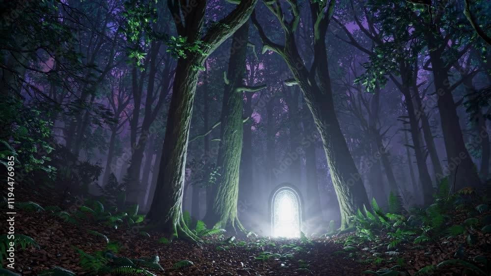 Poster mysterious glowing portal appears in dense forest at twilight
