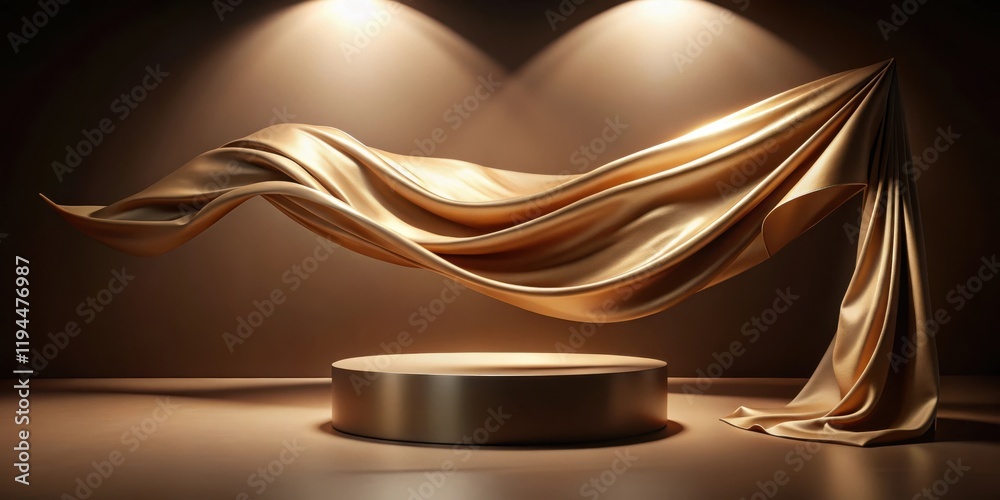 Poster a golden fabric draped over a round podium, illuminated by spotlights, creating a luxurious and eleg