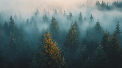 Fototapeta premium Misty forest landscape with evergreen trees at dawn showcasing nature's tranquility