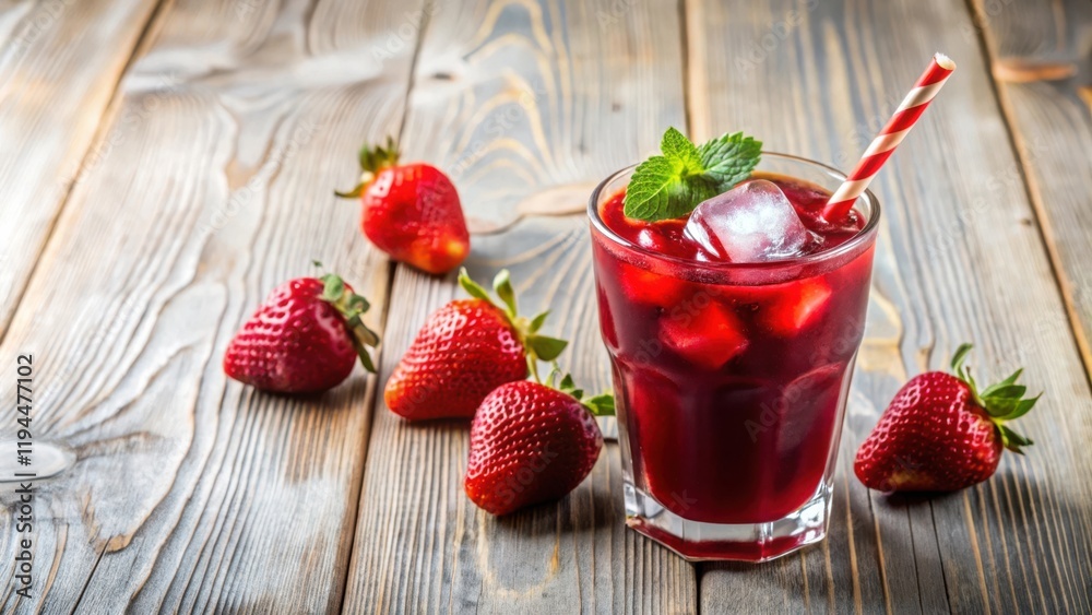 Poster a refreshing summer drink with a hint of mint, served in a glass with ice and a straw, surrounded by