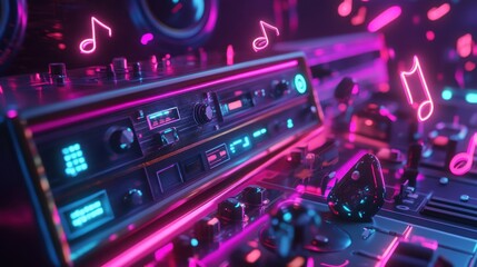 Obraz premium Closeup of vintage audio equipment with glowing neon accents surrounded by floating music notes. Retro futuristic 80s, 90s en Z aesthetic 