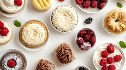 Set of delicious Italian desserts isolated on black background. Vector cartoon illustration of sweet cookies, pastry with cream, pies, tiramisu, panna cotta. Traditional bakery cafe menu in Italy