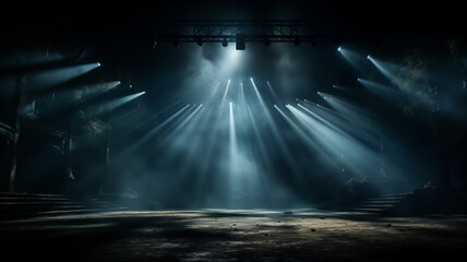 Spotlight shines on a stage with dark curtains and dramatic lighting effects. Generative AI
