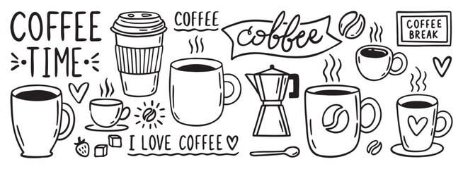 Coffee lettering word and coffee cup menu design doodle hand drawn icon set. Outline drawing Coffee word and coffee cup line clipart symbol
