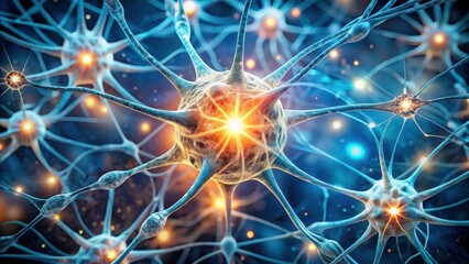 Fototapeta premium A microscopic view of a neuron firing, illuminating the intricate network of interconnected nerve cells.