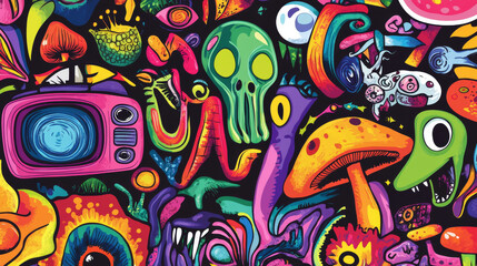 Fototapeta premium Acid stickers with aliens, mushrooms and tv. Psychedelic, rave design of 60s and 70s. Vector cartoon set of weird and crazy hippie icons eyes, martian head, mouth and drugs