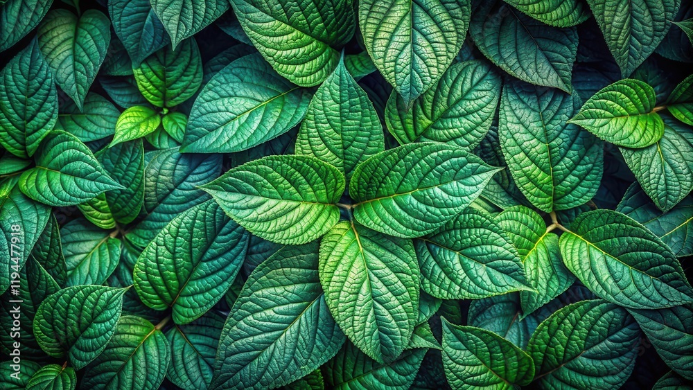 Poster A lush green background of overlapping leaves, showcasing intricate veins and textures, creating a natural and vibrant aesthetic.
