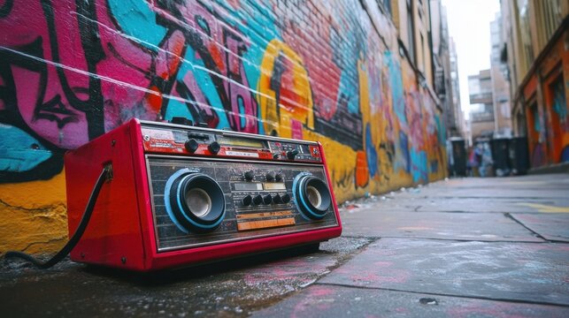 Vintage boombox placed on a street with vibrant graffiti-covered walls 