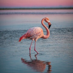 Greater Flamingo, pink bird eating in the lake in Camargue. A vibrant pink flamingo wades through shallow water, creating ripples and splashes.
