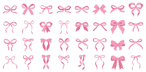 Simple hand drawn pink ribbon bow collection. Bowknot for decoration, big set of bowtie. Large retro ribbon illustration set. Set of various cartoon bow knots, gift ribbons. Valentines day, love sign 