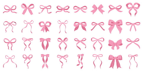 Simple hand drawn pink ribbon bow collection. Bowknot for decoration, big set of bowtie. Large retro ribbon illustration set. Set of various cartoon bow knots, gift ribbons. Valentines day, love sign 