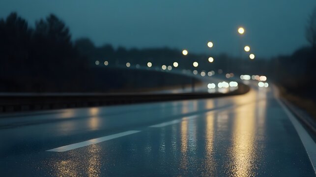 A rainy nighttime road scene captured from a low camera angle, Generative AI