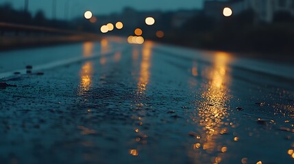 A rainy nighttime road scene captured from a low camera angle, Generative AI