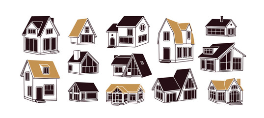 House architecture. Residential home building exteriors, facades set. Suburban constructions, realty with gabled roofs. Real estate, property. Flat vector illustration isolated on white background