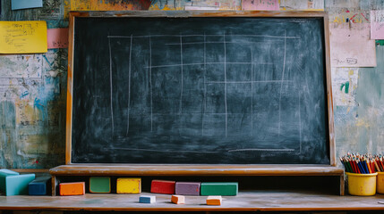 School blackboard isolated on wall background. Vector realistic illustration of black chalkboard with pieces of chalk on shelf, office presentation or classroom interior element, education equipment