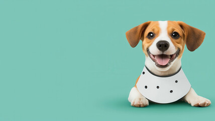 Cute puppy wearing recovery collar, smiling happily on green background, World spay day concept