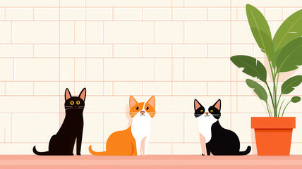 Cozy cats sitting together in bright indoor space with plants, World spay day concept