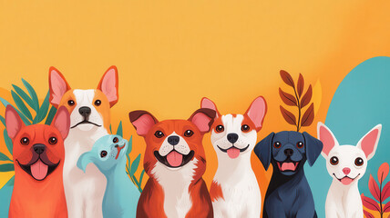 Happy dogs in colorful digital art poster celebrating World Spay Day, World spay day concept