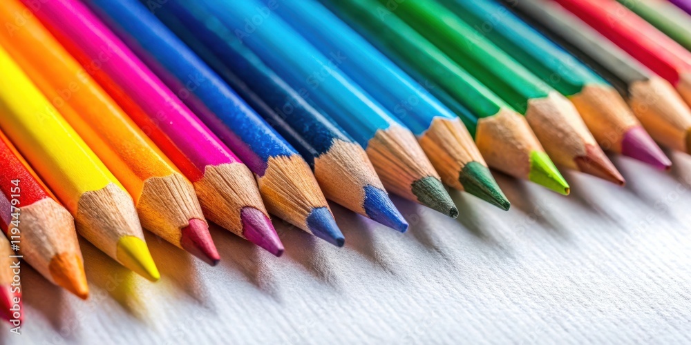 Poster a close-up view of a row of sharpened colored pencils laid out on a white surface