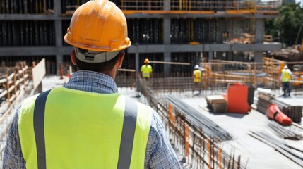 A focused view of a construction foreman directing operations at a busy construction site, Construction supervision scene, Leadership coordination style