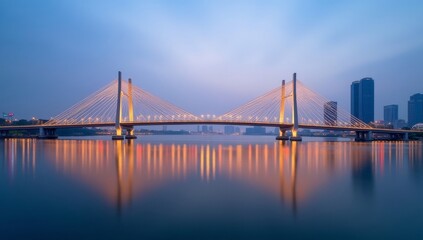 Fototapeta premium Illuminated Cable Stay Bridge Spanning City River at Dusk