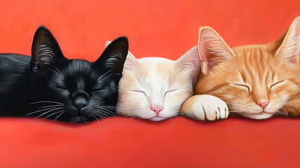 Peaceful cats sleeping together on vibrant red background, World spay day concept