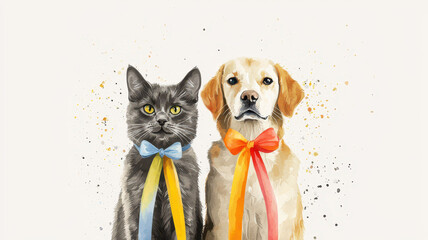 Cute dog and cat with colorful ribbons, showcasing friendship and joy, World spay day concept