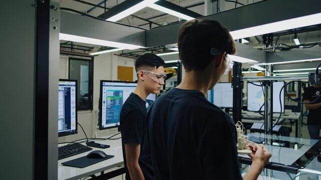 Students collaborate in a technology lab on a 3D printing project showcasing engineering innovation