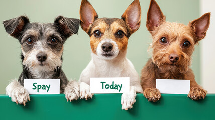 Spay and neuter awareness with three adorable dogs holding signs, World spay day concept