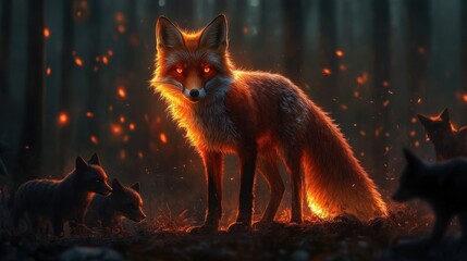 A fiery red fox with glowing fur standing out against a forest floor, surrounded by black foxes crouching in the shadows, representing bold distinction.