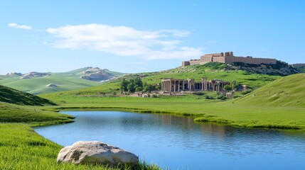 Obraz premium Ancient Ruins by a Serene Lake