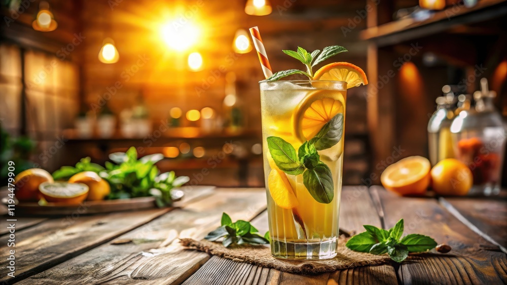 Poster a tall glass of iced tea with lemon and mint on a wooden table with a rustic background