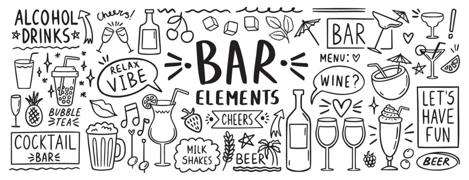 bar menu elements doodle hand drawn icon set. alcoholic bottles and glasses, Outline drawing Alcohol cocktail drinks line clipart symbol collection