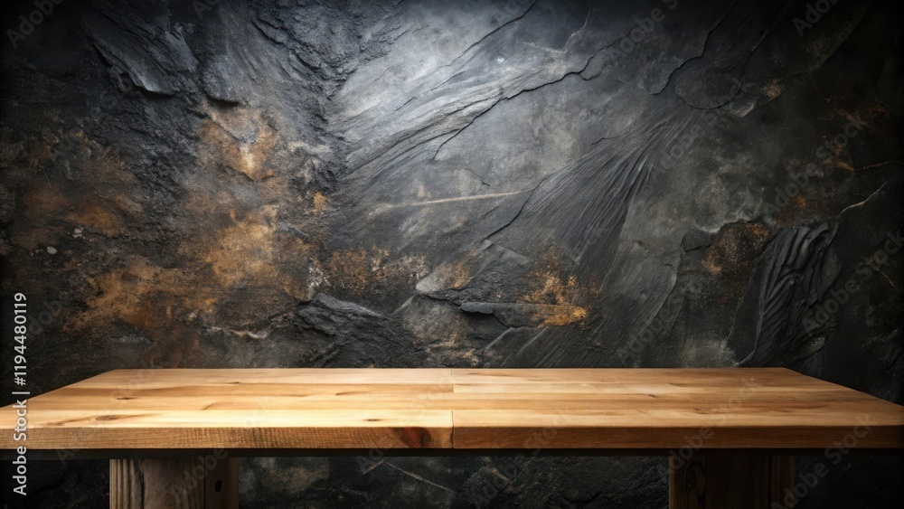 Aufkleber A rustic wooden table top set against a backdrop of textured slate stone, creating a natural and inviting scene for showcasing products or ideas.