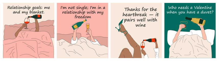 Set of Valentine's day cards. Hands pouring Champagne and wine into a glass in bed.Morning celebration. Sarcastic captions