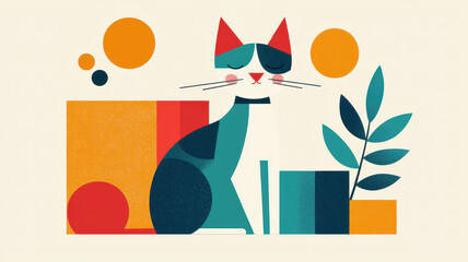 Whimsical cat with geometric shapes and vibrant colors, World spay day concept