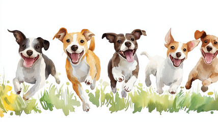 Happy dogs running in grassy field, showcasing joy and playfulness, World spay day concept