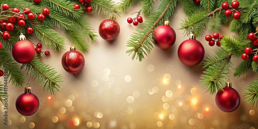 Poster A festive arrangement of evergreen branches adorned with red ornaments and berries, set against a bokeh background, creating a warm and inviting holiday scene.