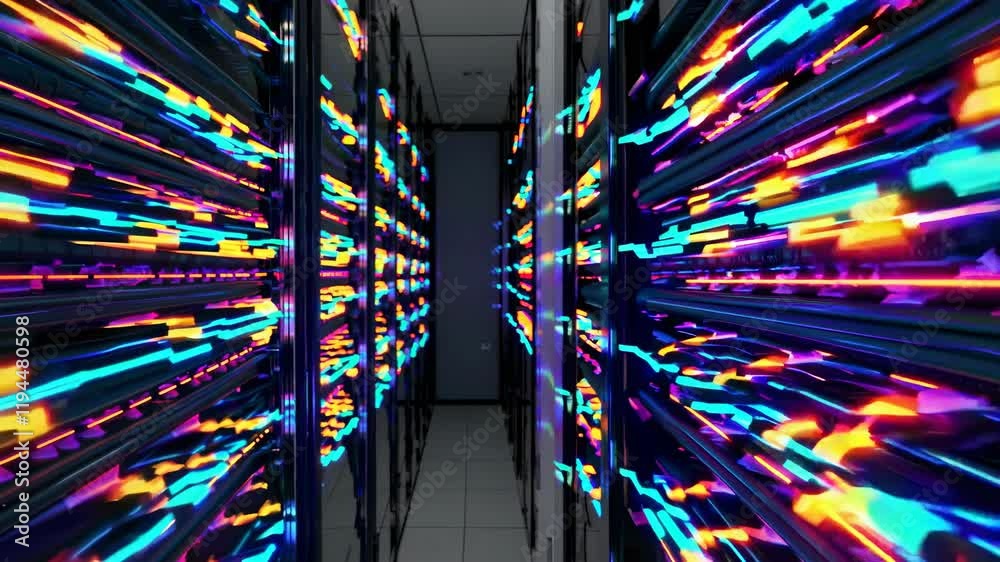 Poster exploring a vibrant data center filled with illuminated server racks in a high-tech environment