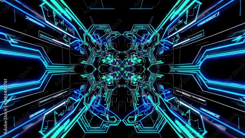 Poster futuristic digital tunnel with neon blue and green lights and geometric patterns moving rapidly